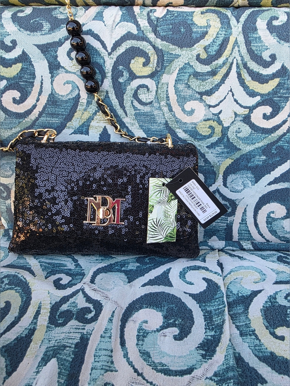 Badgley Mischka Black Sequin Crossbody with Gold Logo & Chain NWT